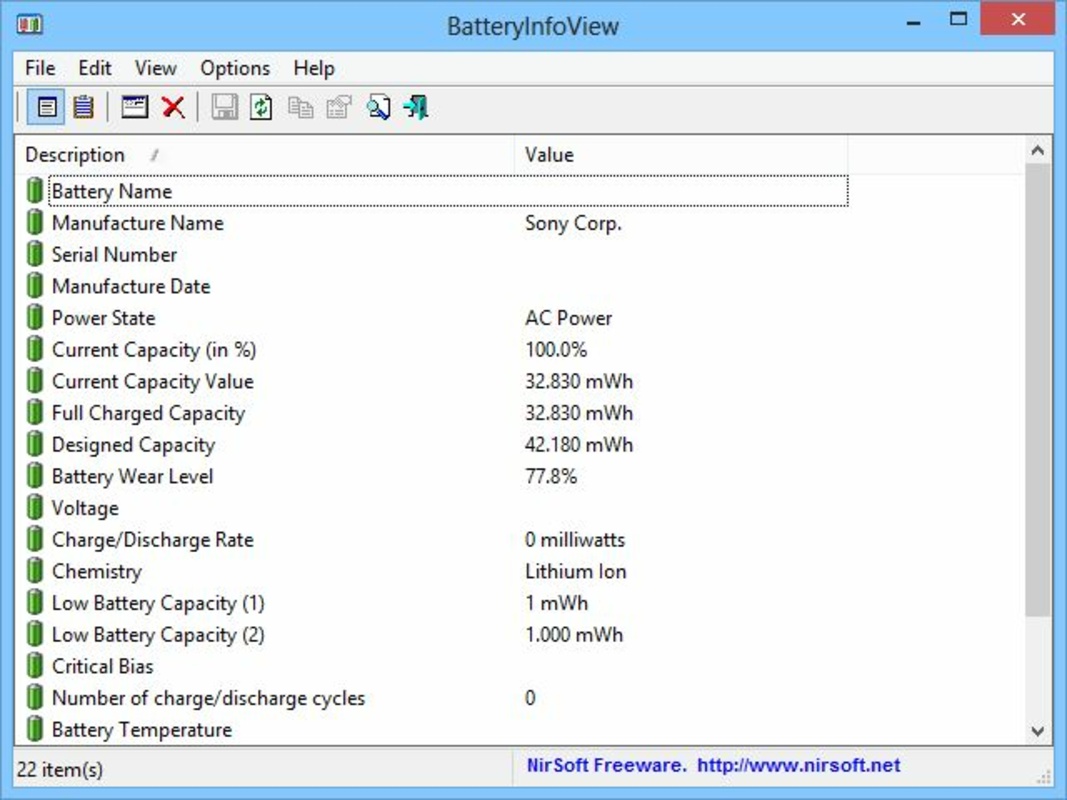 BatteryInfoView 1.25 for Windows Screenshot 1
