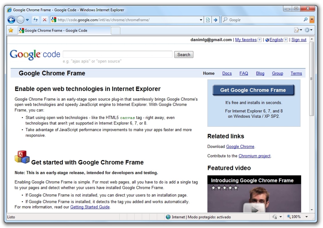 Google Chrome Frame 4.0.211.7 feature