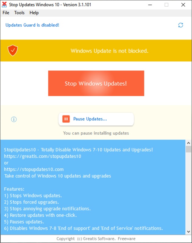 StopUpdates10 4.0 for Windows Screenshot 1