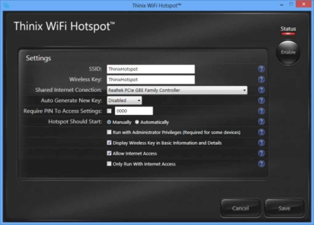 Thinix WiFi Hotspot 2.0.1 for Windows Screenshot 1