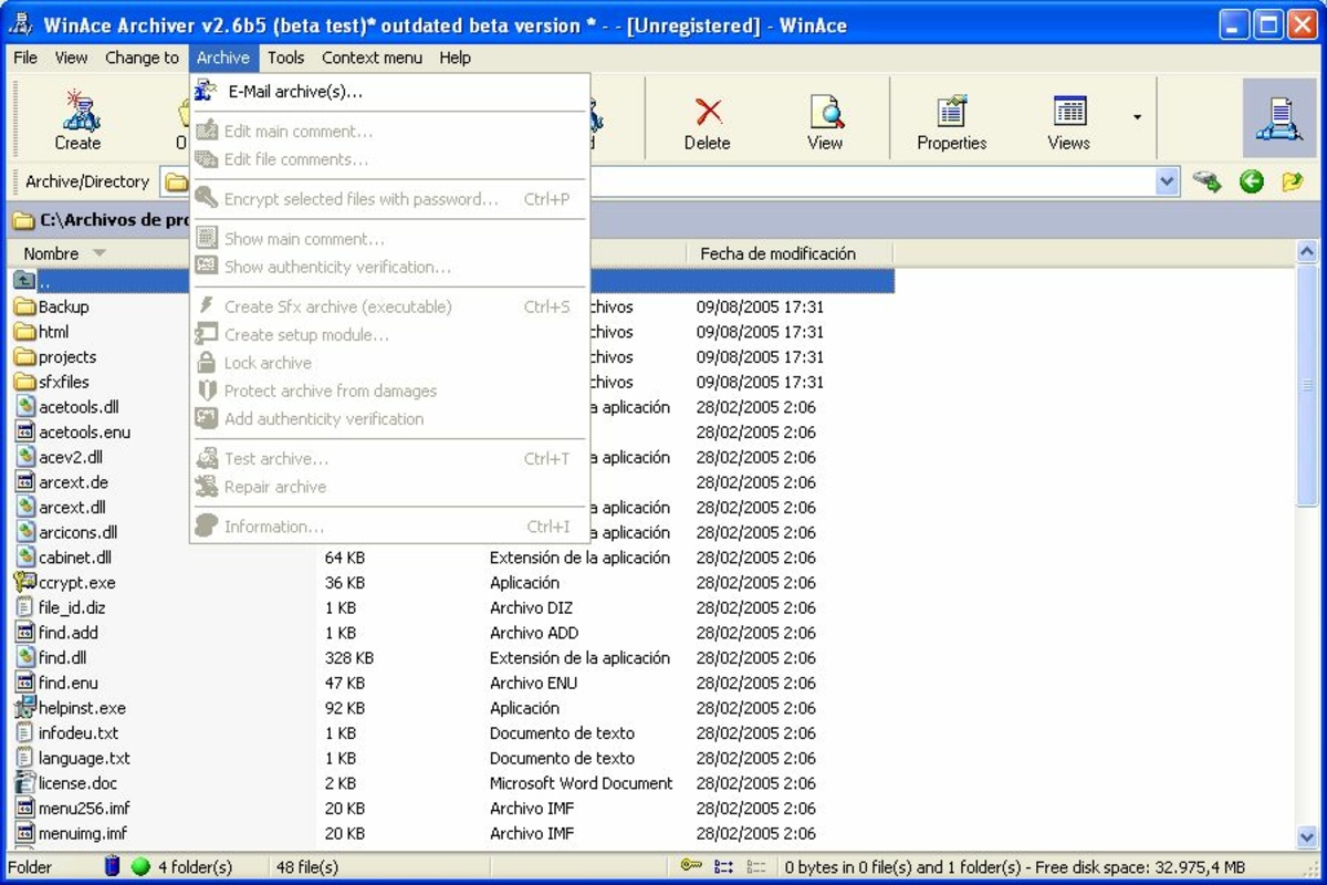 WinAce 2.69 for Windows Screenshot 3