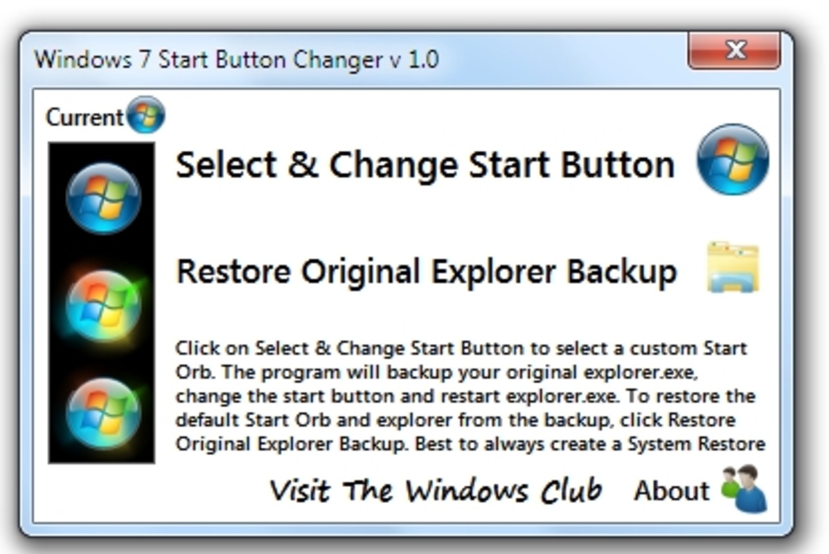 Windows 7 Start Button Changer 1.0 for Windows Screenshot 1
